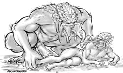 anthro big_dom_small_sub duo erection gay humanoid imminent_sex interstellarmachine larger_male leg_grab lying machinefuckerin male monochrome on_ground on_side open_mouth penis predator_(franchise) saliva size_difference tongue tongue_out vein veiny_penis yaoi yautja