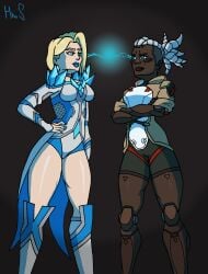 blonde_female blonde_hair blue_eyes clothed crossed_arms cybernetics cyborg dark-skinned_female dark_background dark_skin emma_frost emma_frost_(marvel_rivals) female hatnshades lightning marvel marvel_comics marvel_rivals non_nude overwatch overwatch_2 pale-skinned_female pale_skin sojourn_(overwatch) thick_thighs thighs white_hair
