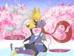armor big_ass big_breasts blushing cherry_blossoms couples dialogue dialogue_bubble digimon digimon_(species) faceless_female faceless_male helmet hug huge_breasts hugging_another hugs justimon large_breasts lipstick long_hair lovers mask masked masked_female masked_male metal_arm muscles muscular muscular_male nipples sakuyamon scarf sex spanish_text translation_request tsundere wellstuffs white_hair