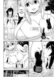 big_breasts bikini bikini_top black_and_white breasts breasts_on_floor breasts_out collarbone giantess gigantic_breasts headphones long_hair looking_at_another manga manga_page nitroplus nurse nurse_cap nurse_uniform official_art shocked shocked_expression small_bikini smile super_sonico torso