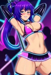 1girls ai_generated ambrose blue_eyes crowd dancing exhibitionism female going_commando hairless_pussy halter_top long_gloves medium_breasts melody_(projektmelody) microskirt multicolored_hair nightclub no_panties petite pink_lipstick ponytail projektmelody self_upload smile stable_diffusion stripper stripper_pole thick_thighs thighhighs virtual_youtuber vshojo vtuber