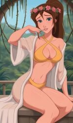 1girls ai_generated ass bigmic145 bikini breasts cleavage criss-cross_halter disney disney_princess female female_only head_wreath jane_porter jungle jungle_girl medium_breasts midriff navel ponytail robe see-through see-through_clothing solo solo_female stars tarzan_(1999_film) wreath