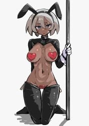 1girls abs bea_(pokemon) belly blush brown_skin bunny_ears cameltoe dark-skinned_female dark_skin female female_only heart_pasties kneeling long28 looking_at_viewer midriff navel pasties pokemon pokemon_ss pole reverse_bunnysuit solo stripper_pole sweat toned toned_female
