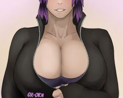 breasts demon_slayer kimetsu_no_yaiba kochou_shinobu lips naked naked_female or-orn purple_hair sportswear tagme_(artist) tight_clothes unbuttoned_shirt