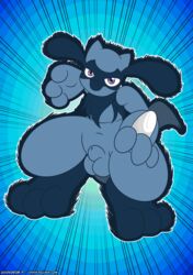 1boy 2015 3_toes abstract_background anthro black_fur blue_background blue_fur canine digital_media_(artwork) flaccid fur furry hi_res looking_at_viewer male male_only mammal motion_lines mrpandragon navel nintendo nude original_character penis pokémon_(species) pokemon pokemon_dppt pose purple_eyes riolu sheath simple_background solo standing testicles text toes tumblr url video_games watermark