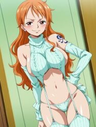 ai_assisted ai_generated ass blush blush_lines blushing_at_viewer blushing_female breasts brown_eyes clothing female female_only femdom infekt large_breasts lingerie lingerie_bra lingerie_only lingerie_panties long_hair nami_(one_piece) one_piece orange_hair short_hair sleeves stockings straps tattoo virgin_destroyer_sweater virgin_killer_sweater