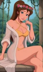 1girls ai_generated ass bigmic145 bikini breasts cleavage criss-cross_halter disney disney_princess female female_only head_wreath jane_porter jungle jungle_girl medium_breasts midriff navel ponytail robe see-through see-through_clothing solo solo_female stars tarzan_(1999_film) wreath