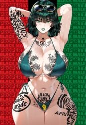 big_breasts bikini green_hair qos qos_tattoo queen_of_spades racism tattoo thick_thighs