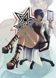 1girl 1girls ai_generated atlus bangs bare_shoulders belt big_breasts black_choker black_skirt blue_hair blunt_bangs blush blushing bob_cut breasts brown_eyes busty catsukun choker cleavage closed_mouth coat collar crossed_legs crossing_legs curvaceous curvy curvy_female curvy_figure doctor eyes female female_only heels horny horny_female hourglass_figure id_card indoors jewelry labcoat large_breasts legs legs_crossed light-skinned_female light_skin lips looking_at_viewer medium_breasts mouth_open name_tag necklace nighttime older_female persona persona_5 short_hair sitting sitting_down sitting_on_chair skimpy skimpy_clothes skirt solo spiked_collar strap_slip tae_takemi takemi_tae thick thick_ass thick_butt thick_hips thick_legs thick_thighs thighs video_game_character voluptuous voluptuous_female white_background wide_hips wide_thighs