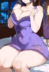 1girls ai_generated big_breasts black_hair breasts creamy_ai female genshin_impact hair light-skinned_female light_skin long_hair mona_(genshin_impact) solo solo_female thick_thighs thighs
