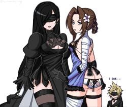 1boy 2b_(nier:automata) 2girls aerith_gainsborough ass ass_cleavage ass_crack black_clothing black_lipstick blindfold cloud_strife cosplay crossover crossover_cosplay female female_focus female_only final_fantasy final_fantasy_vii final_fantasy_vii_remake kaine_(nier)_(cosplay) light-skinned_female light_skin nier nier_(series) nosebleed skimpy skimpy_clothes tifa_lockhart yorha_2b_(cosplay)