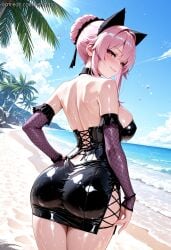 1girl ai_generated animal_ears ass back bangs bare_shoulders beach black_dress blue_sky blush breasts cat_ears choker closed_mouth cloud cowboy_shot cross-laced_clothes day detached_sleeves dress fake_animal_ears fire_force fishnets from_behind gloves hair_bun hibana_(fire_force) large_breasts latex lips looking_at_viewer looking_back ocean outdoors palm_tree pantylines pink_eyes pink_hair renalia sand shiny shiny_clothes shiny_skin short_dress sidelocks single_hair_bun sky smile solo tree water wet