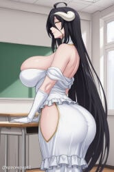 1girl ahoge ai_generated albedo_(overlord) ass bare_shoulders black_hair breasts chalkboard classroom closed_mouth covered_nipples curvy demon_girl demon_horns desk detached_collar dress frilled_dress frills from_side gloves hair_between_eyes hip_vent horns huge_ass huge_breasts indoors long_hair looking_at_viewer off_shoulder overlord_(maruyama) school_desk slit_pupils smile solo thighs very_long_hair white_dress white_gloves white_horns window yellow_eyes