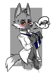 aggressive_retsuko blush canine clothed clothing male male_only mammal milkomeda-galaxy_(artist) necktie ookami_(aggretsuko) open_pants open_shirt penis precum sanrio smooth_fur wolf