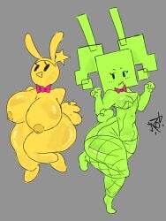 2girls artist_signature bb_happyhour big_boobs big_breasts boobs bowtie breasts bunny_ears bunny_tail eyelashes fishnet_stockings fishnets green_body green_skin huge_boobs huge_breasts leotard mario_and_luigi_(series) mimi_(super_paper_mario) paper_mario playboy_bunny simple_background starlow starlow_with_a_body stockings thighs twintails yellow_body yellow_skin