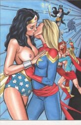 big_breasts breasts captain_marvel carol_danvers crossover dc_comics duo_focus female female_only kissing lesbian marvel nipples power_girl rebecca_(artist) supergirl thundra traditional_media_(artwork) wonder_woman zatanna