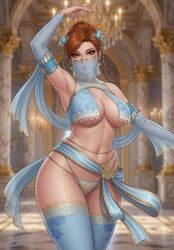 1girls ai_assisted ai_generated alluring amber_eyes armpit assumi auburn_hair belly_button blurry_background breast_curtains chandelier cleavage dancer dancer_outfit dancing earrings elbow_gloves elegant embroidery eyelashes eyeshadow face_veil female female_only gold_trim grok hair_bun hair_ornament harem_outfit honey_select_2 hourglass_figure human_(world_of_warcraft) inner_sideboob interior large_breasts lipstick long_gloves looking_at_viewer luxury midriff mouth_veil outline palace pattern_clothing pose revealing_clothes rgomez007 royalty seductive_look self_upload solo_female thick_eyelashes thick_lips thick_thighs thighhighs thong underboob updo voluptuous wide_hips world_of_warcraft