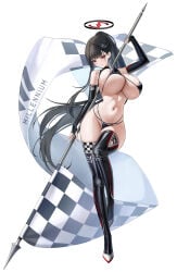 1girl absurdres alternate_costume bikini black_bikini black_hair black_shrug black_thighhighs blue_archive bouncing_breasts breasts bright_pupils commentary_request elbow_gloves fingerless_gloves flag full_body gloves hair_behind_ear halo highres holding holding_flag huge_breasts long_hair narrow_waist navel race_queen red_eyes ringed_eyes rio_(blue_archive) sab_(sab2500) shoes shrug_(clothing) simple_background solo standing standing_on_one_leg stomach swimsuit thighhighs underboob very_long_hair white_background white_pupils white_shoes