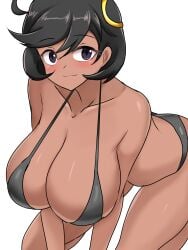 all_fours bent_over bikini black_bikini blush closed_mouth curvy emma_(pokemon) gigantic_breasts pokemon pokemon_legends:_z-a smile thick_thighs voluptuous wide_hips