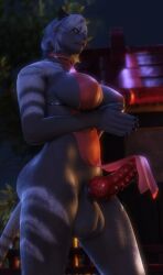 anthro artist_request barbed_penis blue_fur final_fantasy final_fantasy_xiv full-package_futa furry futanari hrothgar knot knotted_penis large_breasts lingerie lion_ears lion_tail lioness night night_sky one-piece_dress public public_nudity square_enix stripes white_eyes white_fur white_hair