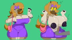 anthro breasts disembodied_hand female huge_breasts hyena motion_lines orange_hair sharp_teeth subjectdie_(artist) thick_thighs undressing wide_hips yellow_eyes