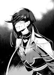 1boy bishonen cum endend_(shinia) izuminokami_kanesada japanese_clothes long_hair long_hair_male male_only monochrome solo touken_ranbu very_long_hair