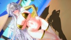 1girls areolae beach_background big_breasts bikini cleavage fate/grand_order fate_(series) fishnets golden_bikini lady_avalon_(fate) legwear paracetamolkoi pink_eyes shadow sunglasses thick_thighs voluptuous voluptuous_female white_hair