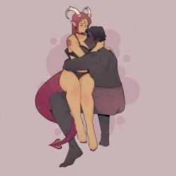 couple couple_(romantic) dark-skinned_male elf girl_on_top horns hugging hybrid intimate kissing kissing_chest lem(lemonsv2) navara_(truedoublej69) orc raisinlad sitting_on_person suggestive tail_around_leg tan-skinned_female underwear