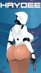 2026 android ass_focus back_view big_ass big_breasts big_thighs detailed grefers gun haydee haydee_(game) holding_weapon huge_ass huge_breasts in-game_background joints pistol pistol_in_hand pixel_art posing posing_for_the_viewer poster robot robot_girl robot_humanoid thighs