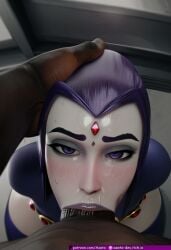1boy 1girls :>= absurdly_large_cock ai_generated azataai blowjob blowjob_face blue_cape blue_hood dark-skinned_male dark_penis dark_skin dc dc_comics eye_contact female grey_skin hero hyper_penis imminent_oral impossible_fit interracial looking_at_viewer male partial_male penis penis_on_face petite_female provocative rachel_roth raven_(dc) sweating taller_male teen_titans touching_face veiny_penis voluptuous_female