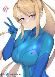 1girl absurdres artist_name big_breasts blonde_hair blue_eyes bodysuit breasts commentary damobelmont english_commentary hair_between_eyes highres large_breasts long_hair looking_at_viewer metroid mole mole_under_mouth nintendo patreon_logo patreon_username ponytail samus_aran sidelocks simple_background skin_tight smile solo twitter_logo twitter_username v zero_suit zero_suit_samus