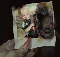 1boy 1girl animal blonde_hair burnt_photo cat child child_abuse coffeebrownn commentary crying english_commentary fence fingernails guppy_(the_binding_of_isaac) highres holding holding_animal holding_cat holding_photo horror_(theme) isaac_(the_binding_of_isaac) juxtaposition long_fingernails mom_(the_binding_of_isaac) navel open_mouth photo_(object) red-eye_effect red_nails red_pupils short_hair smile the_binding_of_isaac warts