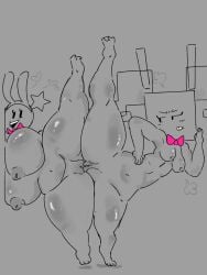 2girls artist_signature bb_happyhour big_boobs big_breasts boobs bowtie breasts bunny_ears bunny_tail eyelashes greyscale huge_boobs huge_breasts mario_and_luigi_(series) mimi_(super_paper_mario) paper_mario playboy_bunny pussy simple_background starlow starlow_with_a_body stockings thighs twintails