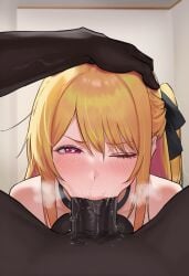 1boy 1girls ai_generated blonde_hair blowjob choking choking_on_cock dark-skinned_male fellatio forced_oral hoshino_ruby large_penis one_eye_closed oshi_no_ko pink_eyes saliva saliva_string waroffree