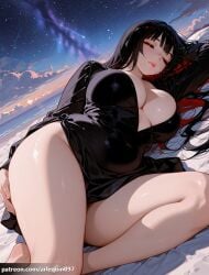 1girl ai_generated arlequin097 barefoot beach black_dress black_hair blush breasts cleavage closed_eyes colored_inner_hair covered_navel dress dutch_angle jabami_yumeko kakegurui large_breasts long_hair long_sleeves lying multicolored_hair night night_sky ocean on_side outdoors parted_lips red_hair shooting_star sky sleeping solo star_(sky) starry_sky thighs water