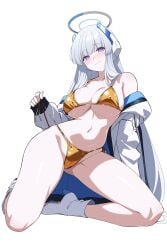 1girl absurdres ankle_boots bare_shoulders bikini blue_archive blush boots breasts cleavage closed_mouth commentary full_body gold_bikini golden_week halo headgear high_heel_boots high_heels highres jacket kneeling large_breasts long_sleeves looking_at_viewer mechanical_halo navel noa_(blue_archive) off_shoulder open_clothes open_jacket purple_eyes reia_76 simple_background sleeves_past_wrists solo stomach swimsuit thighs untied_bikini_bottom white_background white_boots white_hair white_halo white_jacket