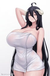 1girl ahoge ai_generated albedo_(overlord) arm_behind_head arm_up bare_shoulders black_hair breasts cleavage closed_mouth collarbone curvy demon_girl demon_horns hair_between_eyes horns huge_breasts long_hair looking_at_viewer naked_towel overlord_(maruyama) simple_background slit_pupils smile solo thighs towel very_long_hair wet white_background white_horns yellow_eyes