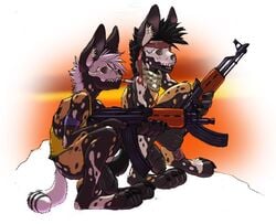 2017 african_wild_dog ak_47 bandana canine cigarette clothing duo gideon gun invalid_tag jewelry male mammal mohawk necklace penis ranged_weapon simple_background skull sunset weapon young