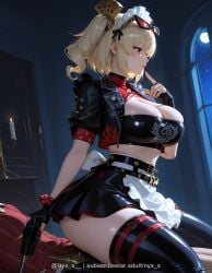 1girl ai_generated apron black_gloves black_skirt black_thighhighs blonde_hair breasts candle cleavage cropped_jacket eyewear_on_head finger_to_mouth fingerless_gloves gloves gun handgun holding holding_gun holding_weapon indoors jacket large_breasts maid maid_headdress moon night nyx_x red_eyes sensitive short_sleeves sitting skindentation skirt solo sunglasses thighhighs thighs twintails weapon window