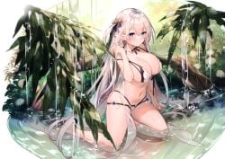 1girls ass bikini bikini_bottom bikini_top breasts cameltoe detached_collar elf elf_ears elf_female elf_girl female female_only forest gray_hair hair_ornament hair_ribbon highres kneeling large_breasts long_hair original pointy_ears solo solo_female sora_72-iro straight_hair tree water wet