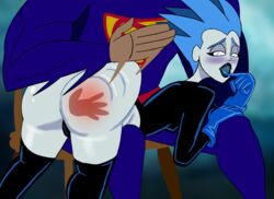 1boy 1girls ass big_ass blue_hair blue_skin clark_kent dc dc_comics dcau female handprint leslie_willis livewire male raftyverse spanking superman superman:_the_animated_series superman_(series) tongue_out unseen_male_face