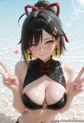 1girl ahoge ai_generated bangs bare_shoulders bikini black_bikini black_hair blonde_hair blush breasts cleavage closed_mouth double_v earrings female_rover_(wuthering_waves) hair_ornament hair_ribbon hairclip hands_up heart jewelry kermixx large_breasts long_hair looking_at_viewer mole multicolored_hair navel o-ring ponytail ribbon smile solo stomach swimsuit upper_body v water wet wuthering_waves yellow_eyes