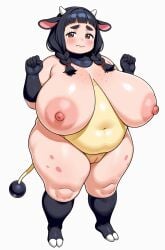1girl 1girls 2_toes 3: ai-created ai_generated animal_ears anthro areolae big_belly black_hair blush bovine breasts_apart brown_eyes clenched_hands colored_skin cow_ears curvaceous dot_nose elbow_gloves erect_nipples fat fat_fetish hands_up hooves horns huge_breasts looking_at_viewer miltank monster_girl multicolored_skin navel nipples nude nude_female overweight personification pokemon pokemon_gsc puffy_areola pussy_blush sagging_breasts simple_background small_horns smutma solo standing tail w_arms white_background wide_hips