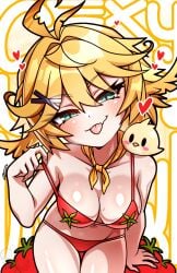 ahoge blonde_hair cleavage cyan_eyes dokibird dragoon_(dokibird) head_wings hearts_around_head indie_virtual_youtuber iryanic looking_at_viewer red_bikini scarf sticking_out_tongue tomato vtuber