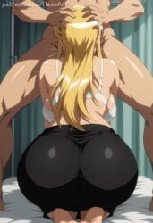1boy 1girl ai_generated artist_name ass ass_focus back backboob bare_shoulders barefoot bed black_shorts black_skirt blonde_hair bra breasts clothed_female_nude_male curtains facing_away fellatio from_behind hand_on_another's_head head_grab head_out_of_frame hetero hexogen highschool_of_the_dead huge_ass implied_fellatio indoors kneeling large_breasts long_hair marikawa_shizuka muscular nude on_bed oral panties pants pantylines patreon_username seiza shizuka_marikawa sitting skirt solo_focus sweat thighs twitter_username underwear underwear_only web_address white_bra wide_hips