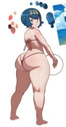 1girls 2026 2d aged_up ass back_view big_ass bikini blue_eyes blue_hair game_freak hair_ornament lana_(pokemon) looking_at_viewer pokemon pokemon_sm short_hair suiren_(pokemon) tagme thong triagorodri_(artist) white_background
