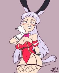 1girls artist_signature bb_happyhour blush blushing bowtie bunny_ears bunny_tail fishnet_stockings fishnets gloves gold_ship_(umamusume) grey_hair horse_ears horse_girl horse_tail kemonomimi leotard long_hair pink_eyes playboy_bunny simple_background stockings tie umamusume white_skin