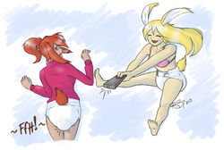2013 abstract_background animal_humanoid babyblueb blonde_hair bra brown_hair clothing controller diaper duo feces female hair humanoid lagomorph mammal rabbit_humanoid red_hair remote_control scat simple_background soiling sweater underwear