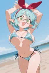 ai_generated big_boobs big_breasts big_tits bikini blue_hair blue_striped_bikini boobs breasts elf elf_ears elf_female elf_girl green_eyes indie_virtual_youtuber keisha_callie large_boobs large_breasts large_tits sexy striped_bikini tits titties vtuber