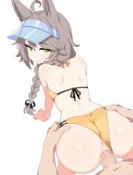 1boy 1girl absurdres ahoge all_fours animal_ear_fluff animal_ears anus ass back bare_shoulders bikini blue_archive blue_visor_cap blush braid breasts brown_hair censored commentary_request fox_ears fox_girl green_eyes halo hetero highres long_hair looking_at_viewer looking_back low_twin_braids mosaic_censoring myapanpan otogi_(blue_archive) otogi_(c108_swimsuit)_(blue_archive) penis pussy sex sex_from_behind small_breasts smile swept_bangs swimsuit twin_braids vaginal visor_cap yellow_bikini